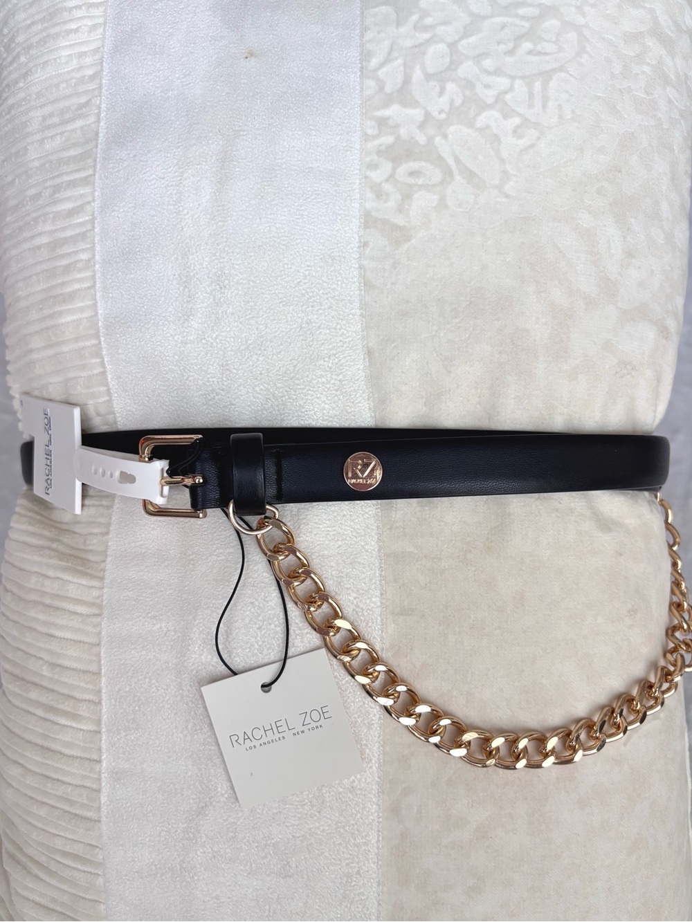 RACHEL ZOE Black Gold Chain Accent Narrow Vegan Leather Belt--NWT--M
